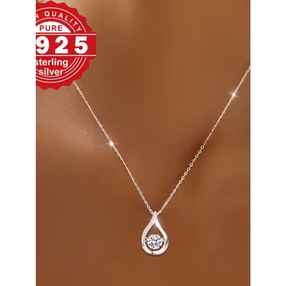Floating Cubic Zirconia Necklace Raindrop Setting S925 Silver Hypoallergenic